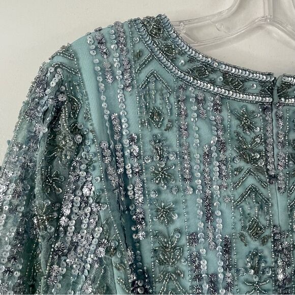 Mac Duggal 5980 Size 8 High Neck Crystal Fringe French Blue Beaded Column Dress - Picture 10 of 13